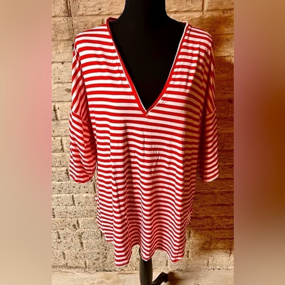 Yana K Red White Striped Top SZ L V Neck Soft patriotic French Sailor Waldo Cool - Picture 1 of 10